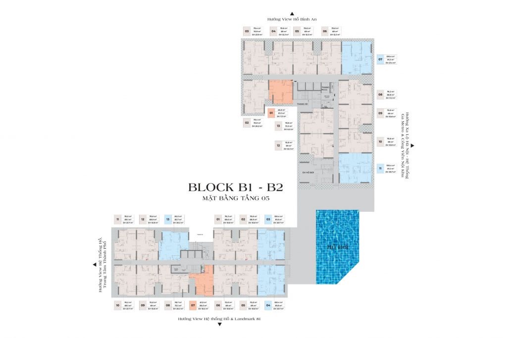 mặt bằng tầng block B của chung cư ở thủ đức
