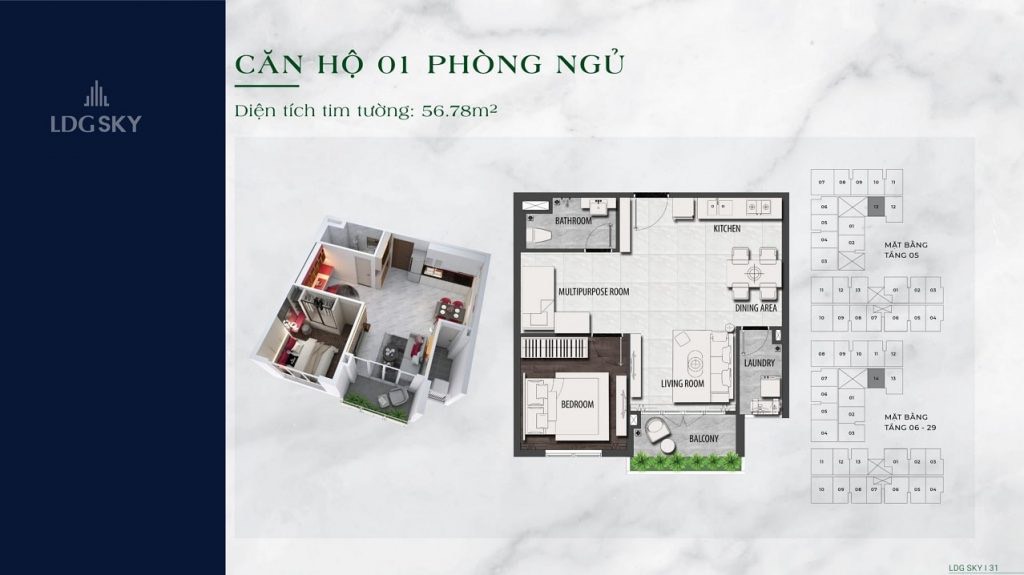 layout 1PN của chung cư ở thủ đức
