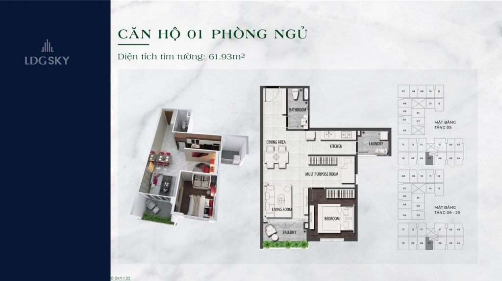 layout 1PN của chung cư cư ở thủ đức