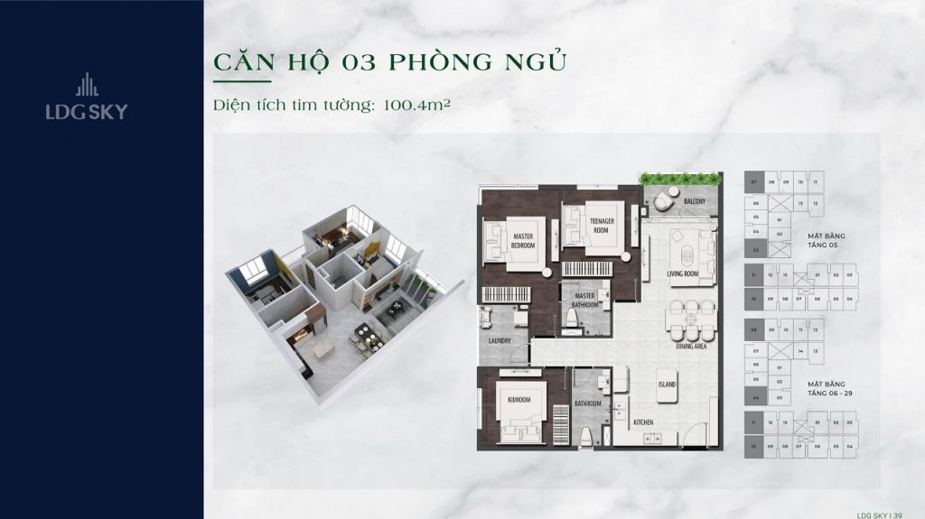 layout 3PN của chung cư ở thủ đức