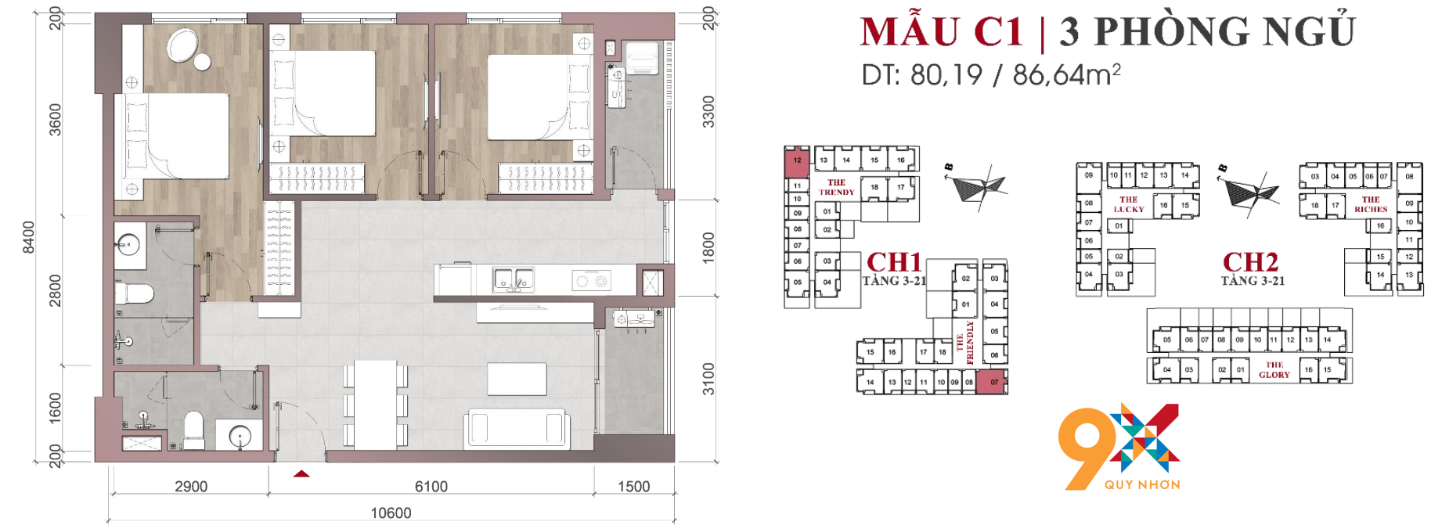 căn hộ 9x 3PN