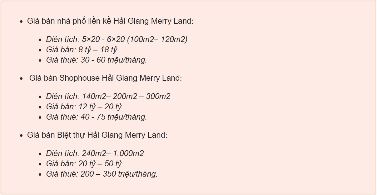 giá bán merry land hải giang